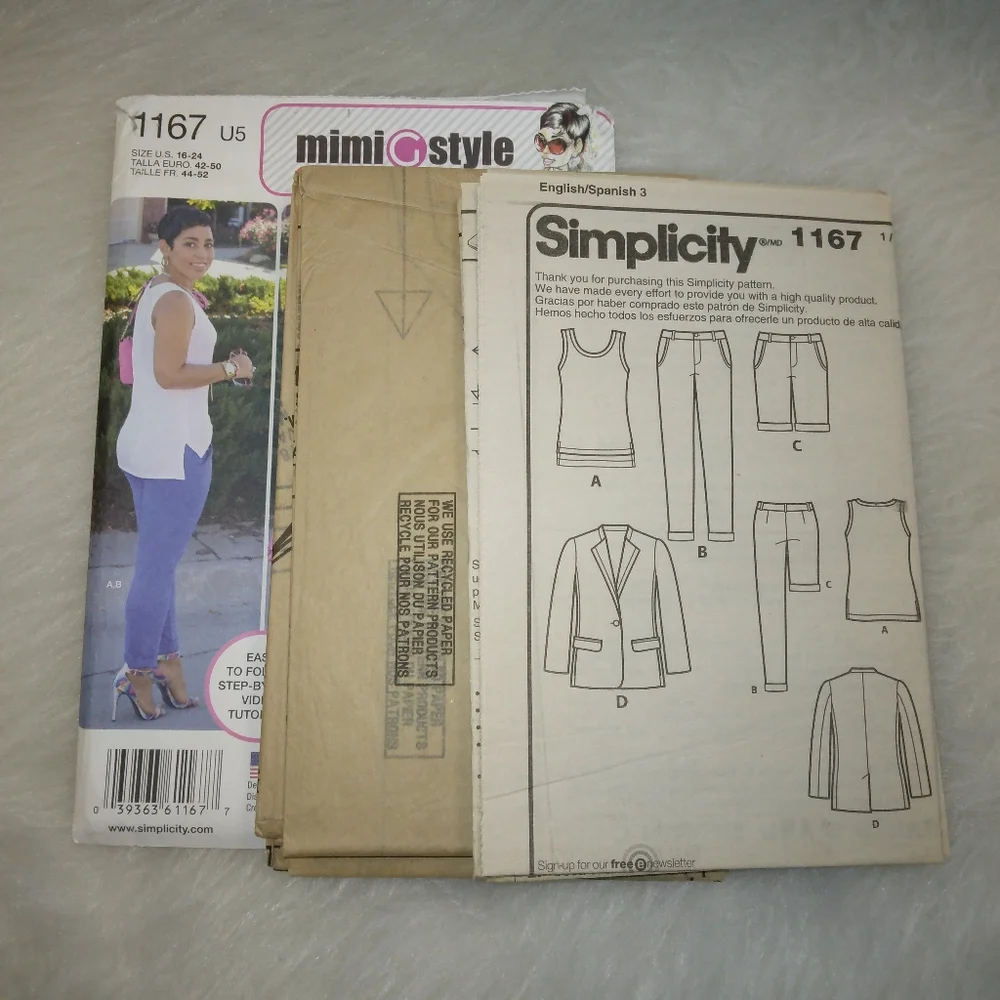 SIMPLICITY 1167 Sz 16-24 Mimi G Style Misses blazzer slim pants/shorts, knit top